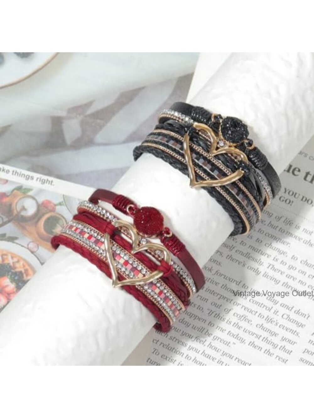 Boho Woven Leather Wrap Bracelet Set Rhinestone Heart Stackable
